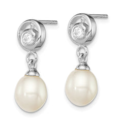 QE12783 Sterling Silver Rhodium-plated 7-8mm White Rice Freshwater Cultured Pearl and CZ Post Dangle Earrings