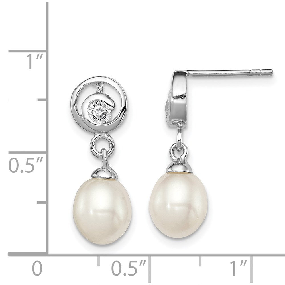 QE12783 Sterling Silver Rhodium-plated 7-8mm White Rice Freshwater Cultured Pearl and CZ Post Dangle Earrings