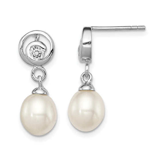 QE12783 Sterling Silver Rhodium-plated 7-8mm White Rice Freshwater Cultured Pearl and CZ Post Dangle Earrings