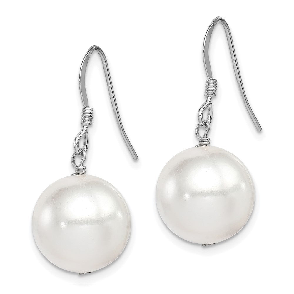 QE12788 Sterling Silver Rhodium-plated 12-13mm White Round Shell Bead Dangle Earrings
