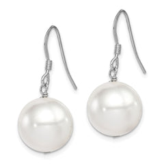QE12788 Sterling Silver Rhodium-plated 12-13mm White Round Shell Bead Dangle Earrings