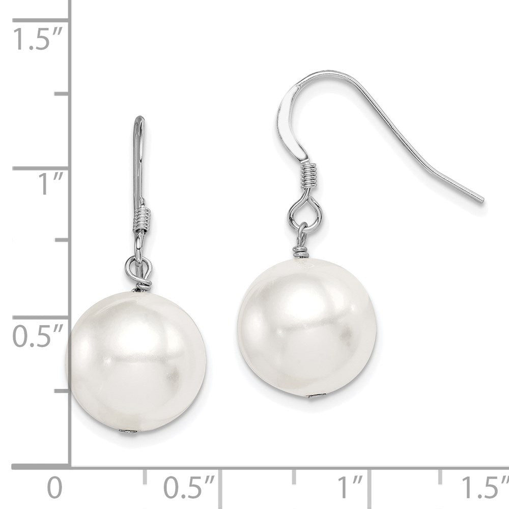 QE12788 Sterling Silver Rhodium-plated 12-13mm White Round Shell Bead Dangle Earrings
