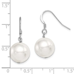 QE12788 Sterling Silver Rhodium-plated 12-13mm White Round Shell Bead Dangle Earrings