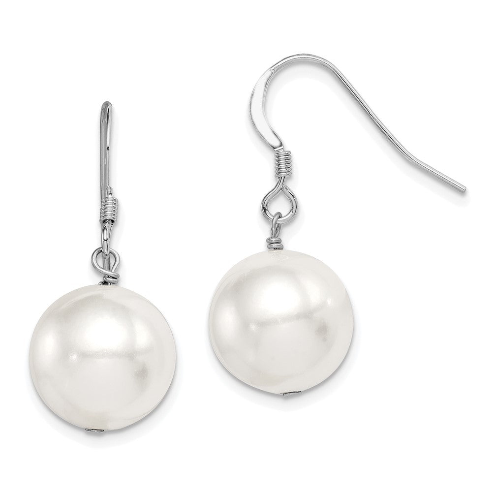 QE12788 Sterling Silver Rhodium-plated 12-13mm White Round Shell Bead Dangle Earrings