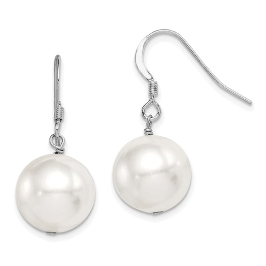 QE12788 Sterling Silver Rhodium-plated 12-13mm White Round Shell Bead Dangle Earrings