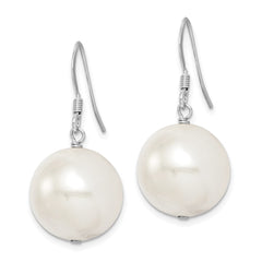 QE12789 Sterling Silver Rhodium-plated 14-15mm White Round Shell Pearl Dangle Earrings