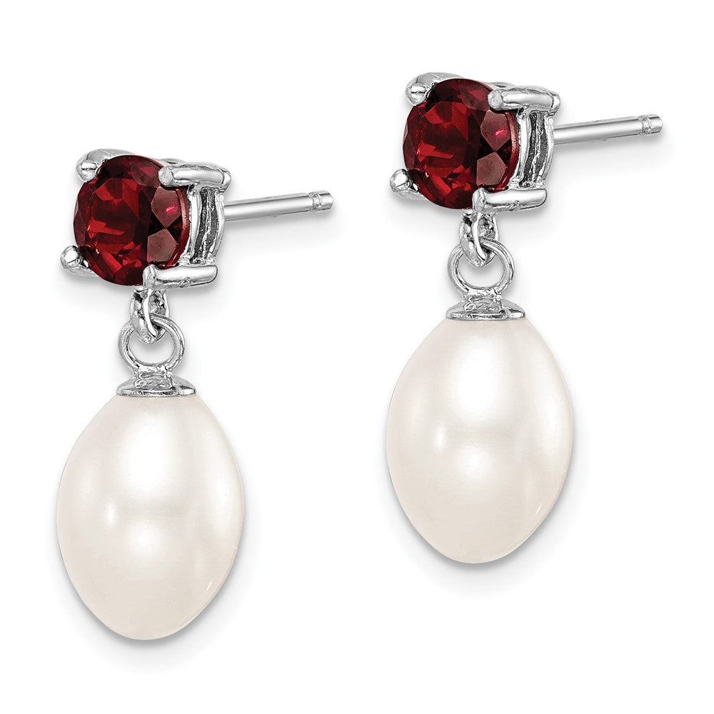 QE12791 Sterling Silver Rhodium-plated 7-8mm White Teardrop Freshwater Cultured Pearl and 1.26GA Garnet Post Dangle Earrings