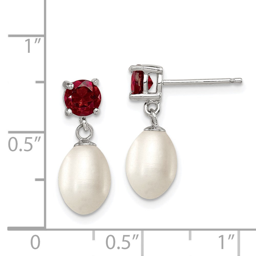 QE12791 Sterling Silver Rhodium-plated 7-8mm White Teardrop Freshwater Cultured Pearl and 1.26GA Garnet Post Dangle Earrings