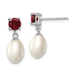 QE12791 Sterling Silver Rhodium-plated 7-8mm White Teardrop Freshwater Cultured Pearl and 1.26GA Garnet Post Dangle Earrings