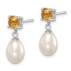 QE12792 Sterling Silver Rhodium-plated 7-8mm White Teardrop Freshwater Cultured Pearl and .94CI Citrine Post Dangle Earrings