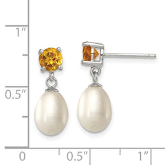 QE12792 Sterling Silver Rhodium-plated 7-8mm White Teardrop Freshwater Cultured Pearl and .94CI Citrine Post Dangle Earrings