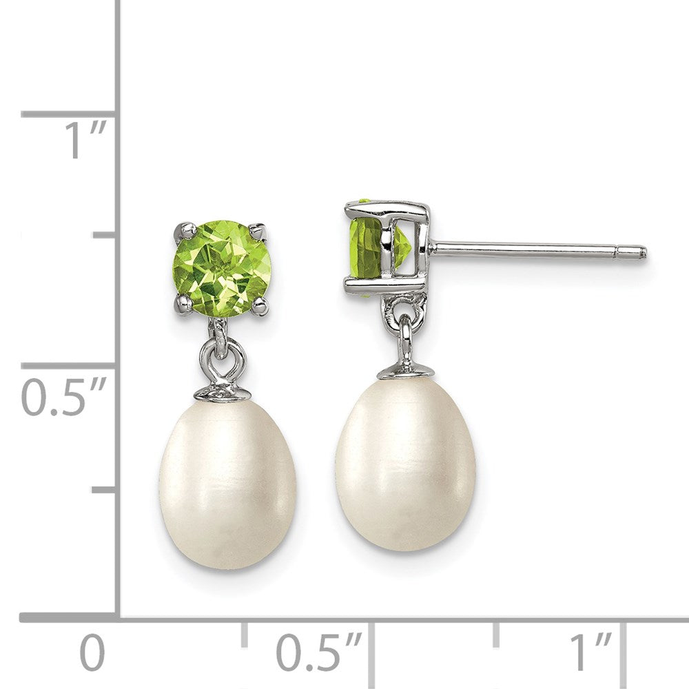 QE12793 Sterling Silver Rhodium-plated 7-8mm White Teardrop Freshwater Cultured Pearl and 1.12PE Peridot Post Dangle Earrings