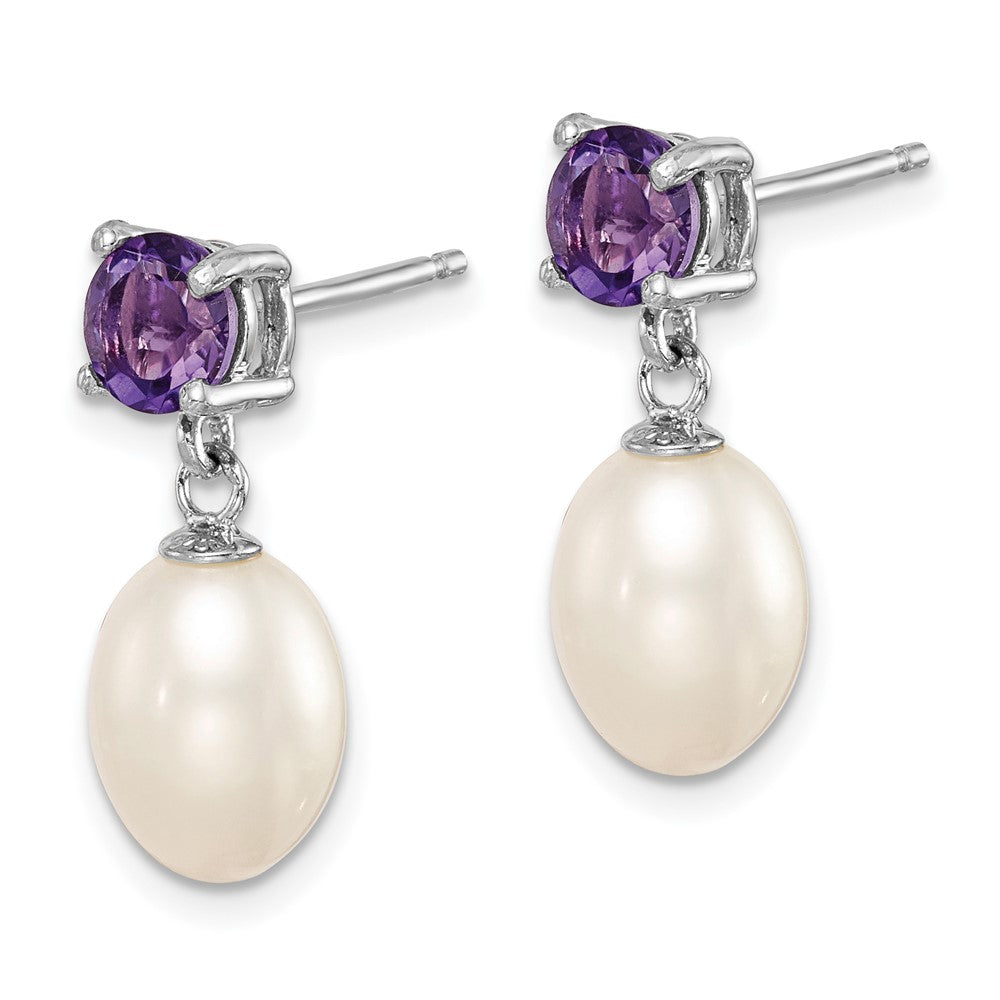 QE12794 Sterling Silver Rhodium-plated 7-8mm White Teardrop Freshwater Cultured Pearl and .84AM Amethyst Post Dangle Earrings
