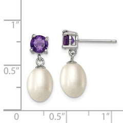 QE12794 Sterling Silver Rhodium-plated 7-8mm White Teardrop Freshwater Cultured Pearl and .84AM Amethyst Post Dangle Earrings