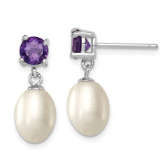 QE12794 Sterling Silver Rhodium-plated 7-8mm White Teardrop Freshwater Cultured Pearl and .84AM Amethyst Post Dangle Earrings