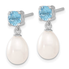 QE12795 Sterling Silver Rhodium-plated 7-8mm White Teardrop Freshwater Cultured Pearl and 1.30BT Blue Topaz Post Dangle Earrings
