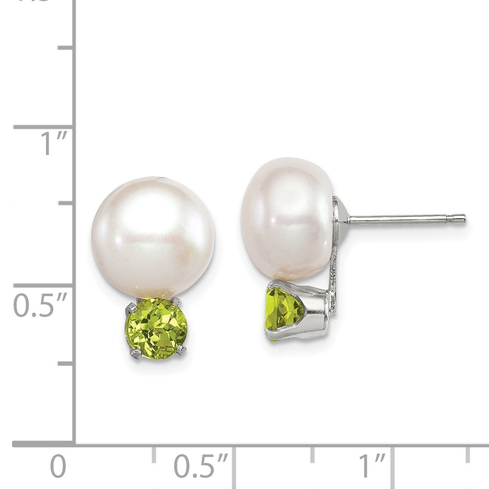 QE12797 Sterling Silver Rhod-pltd 10-11mm FWC Button Pearl Peridot Earrings