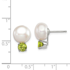 QE12797 Sterling Silver Rhod-pltd 10-11mm FWC Button Pearl Peridot Earrings