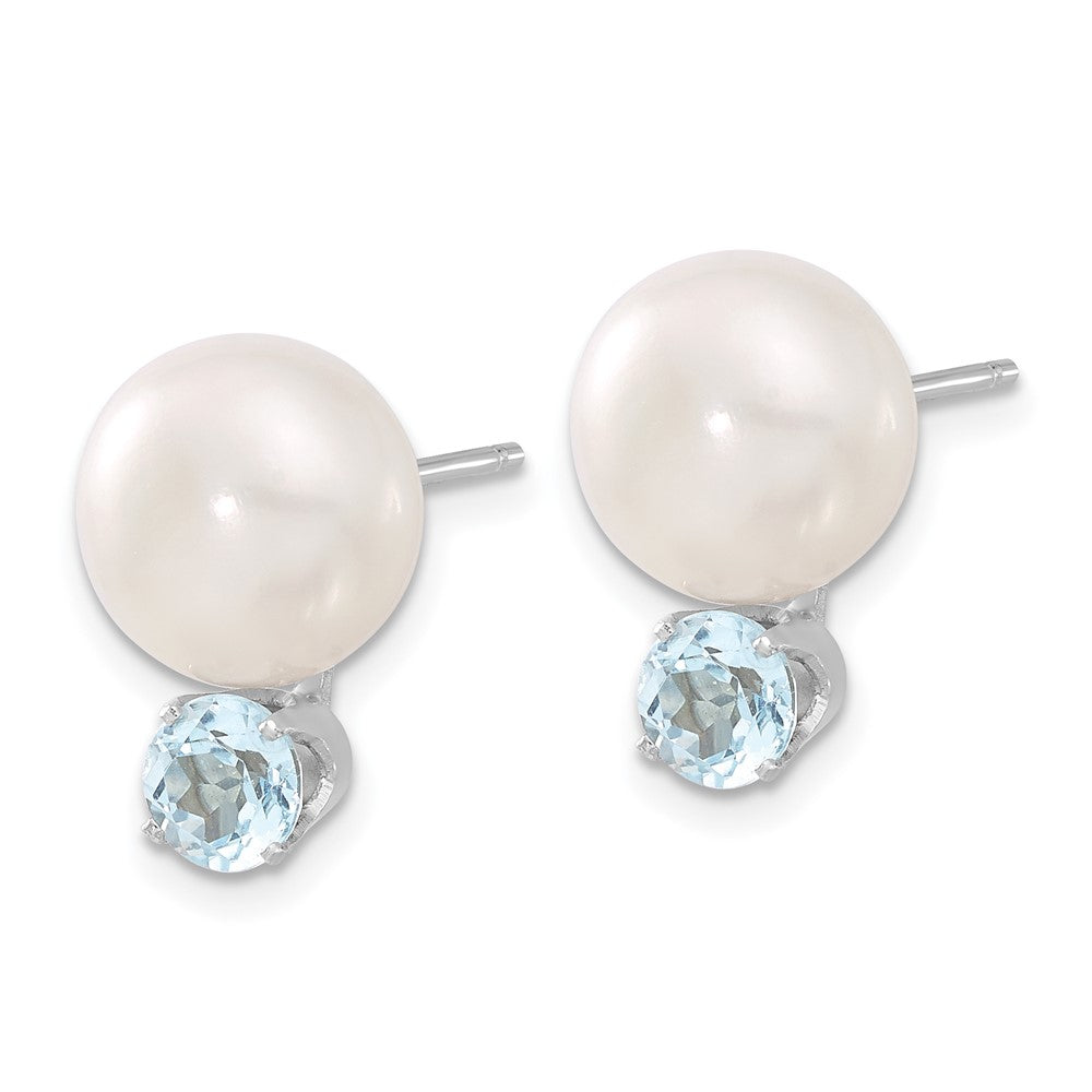 QE12800 Sterling Silver Rhod-pltd 10-11mm FWC Button Pearl Blue Topaz Earrings
