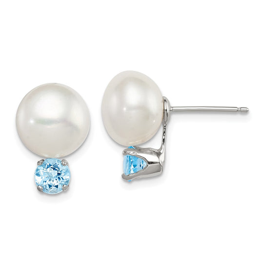 QE12800 Sterling Silver Rhod-pltd 10-11mm FWC Button Pearl Blue Topaz Earrings