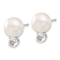 QE12801 Sterling Silver RH-pltd 10-11mm FWC Button Pearl White Topaz Earrings