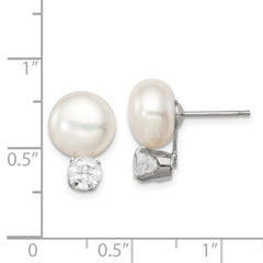 QE12801 Sterling Silver RH-pltd 10-11mm FWC Button Pearl White Topaz Earrings