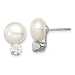 QE12801 Sterling Silver RH-pltd 10-11mm FWC Button Pearl White Topaz Earrings