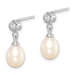 QE12808 Sterling Silver Rhodium-plated 7-8mm White Rice Freshwater Cultured Pearl and CZ Post Dangle Earrings