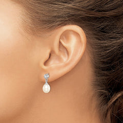 QE12808 Sterling Silver Rhodium-plated 7-8mm White Rice Freshwater Cultured Pearl and CZ Post Dangle Earrings
