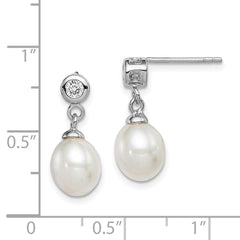 QE12808 Sterling Silver Rhodium-plated 7-8mm White Rice Freshwater Cultured Pearl and CZ Post Dangle Earrings
