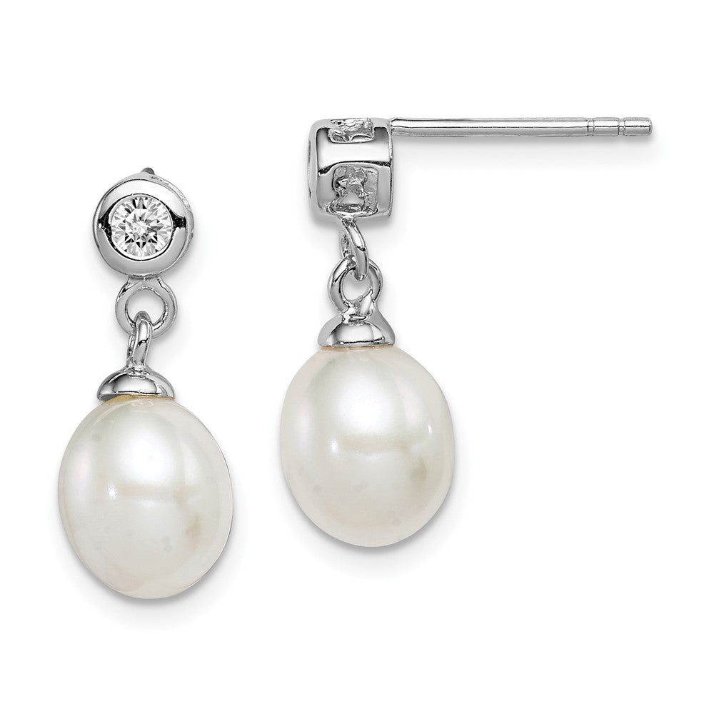 QE12808 Sterling Silver Rhodium-plated 7-8mm White Rice Freshwater Cultured Pearl and CZ Post Dangle Earrings