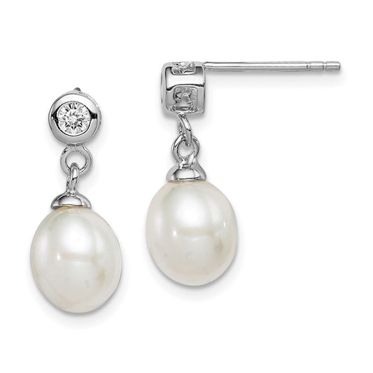 QE12808 Sterling Silver Rhodium-plated 7-8mm White Rice Freshwater Cultured Pearl and CZ Post Dangle Earrings