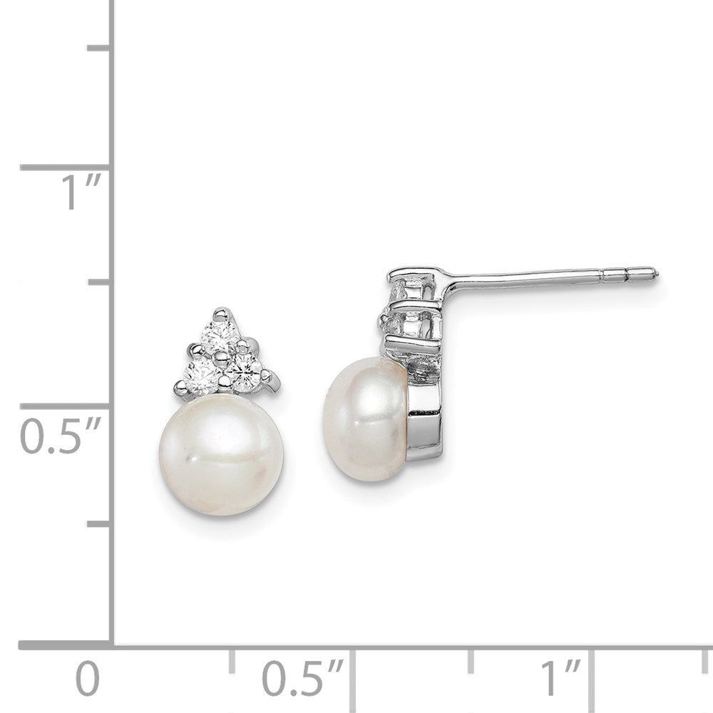 QE12812 Sterling Silver Rhodium-plated 6-7mm White Button Freshwater Cultured Pearl and CZ Post Earrings