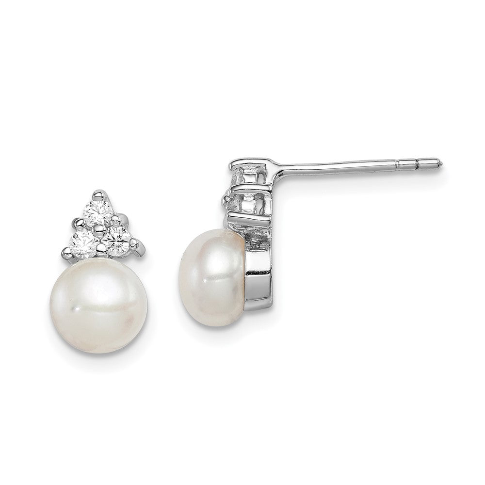 QE12812 Sterling Silver Rhodium-plated 6-7mm White Button Freshwater Cultured Pearl and CZ Post Earrings