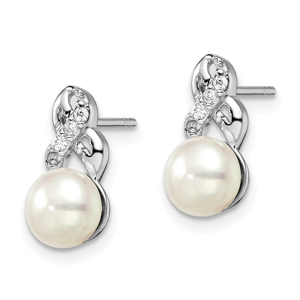 QE12814 Sterling Silver Rhodium-plated 6-7mm White Button Freshwater Cultured Pearl and CZ Post Earrings