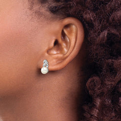 QE12814 Sterling Silver Rhodium-plated 6-7mm White Button Freshwater Cultured Pearl and CZ Post Earrings