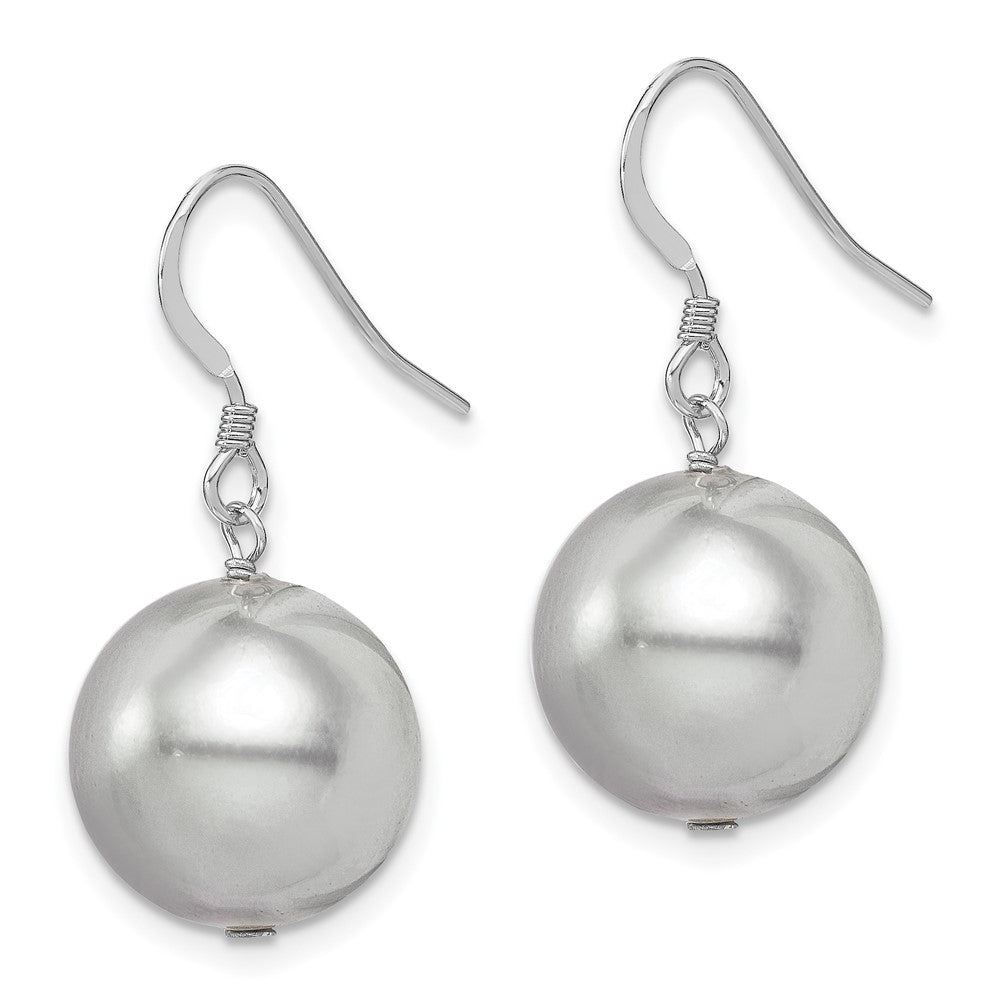 QE12821 Sterling Silver Rhodium-plated 14-15mm Grey Round Shell Pearl Dangle Earrings