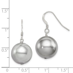 QE12821 Sterling Silver Rhodium-plated 14-15mm Grey Round Shell Pearl Dangle Earrings