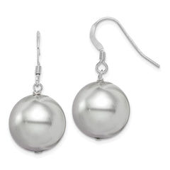 QE12821 Sterling Silver Rhodium-plated 14-15mm Grey Round Shell Pearl Dangle Earrings