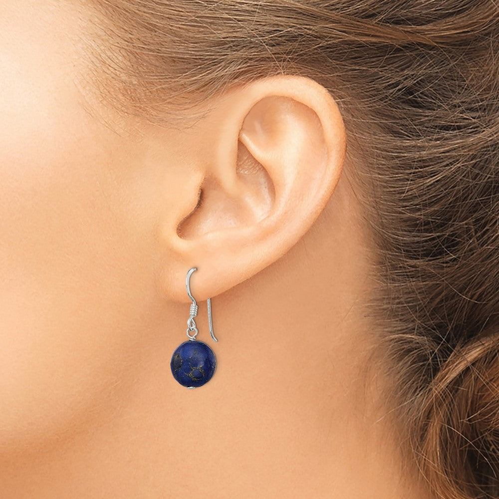 QE12833 Sterling Silver Polished Round Reconstructed Lapis Dangle Earrings
