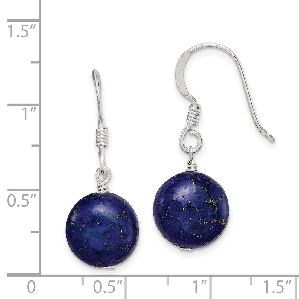 QE12833 Sterling Silver Polished Round Reconstructed Lapis Dangle Earrings