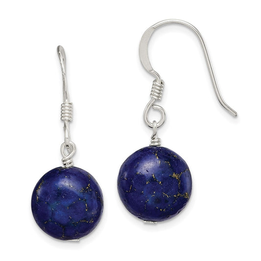 QE12833 Sterling Silver Polished Round Reconstructed Lapis Dangle Earrings