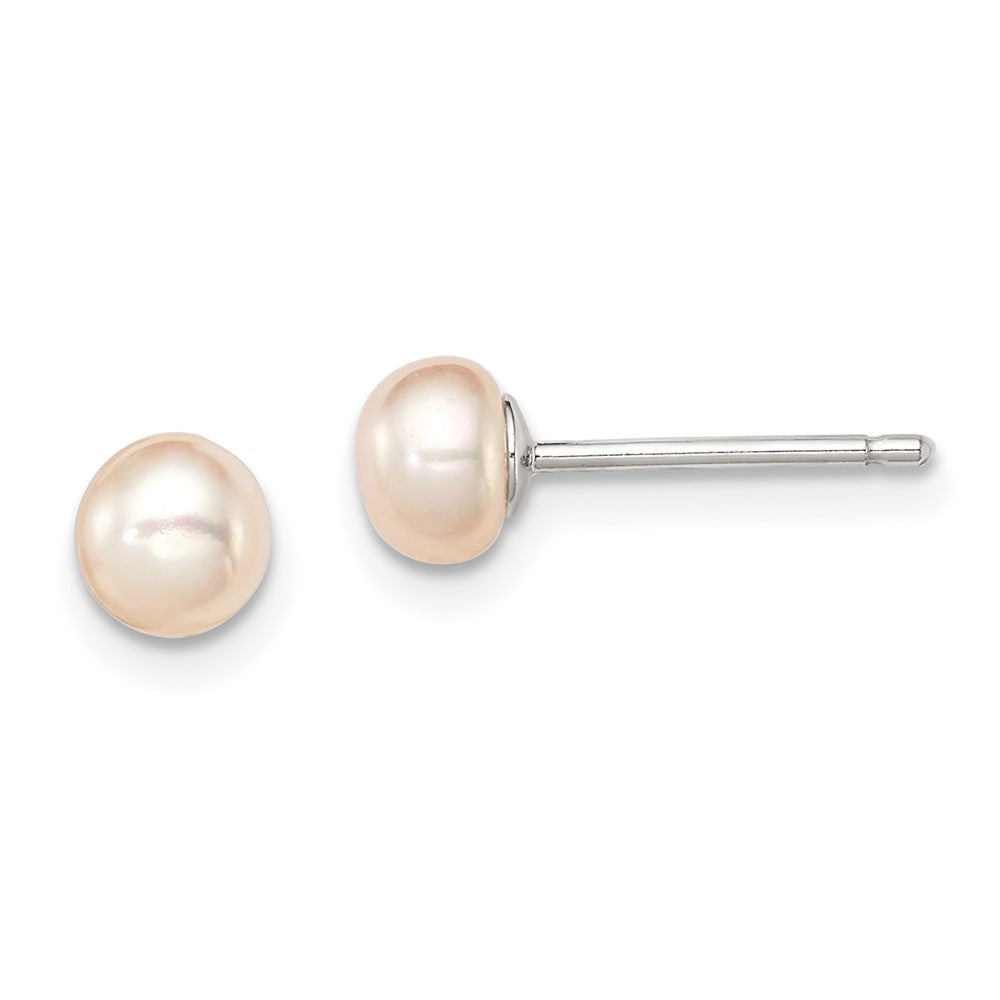 QE12846 Sterling Silver Rhodium-plated 4-5mm Pink Button Freshwater Cultured Pearl Post Earrings