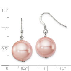 QE12851 Sterling Silver Rhodium-plated 14-15mm Pink Round Shell Pearl Dangle Earrings