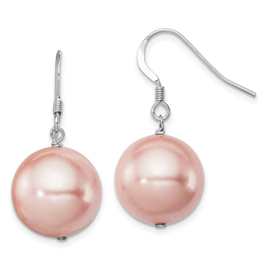 QE12851 Sterling Silver Rhodium-plated 14-15mm Pink Round Shell Pearl Dangle Earrings