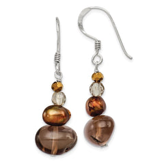 QE12869 Sterling Silver Polished FWC Pearl, Crystal & Smoky Quartz Dangle Earrings