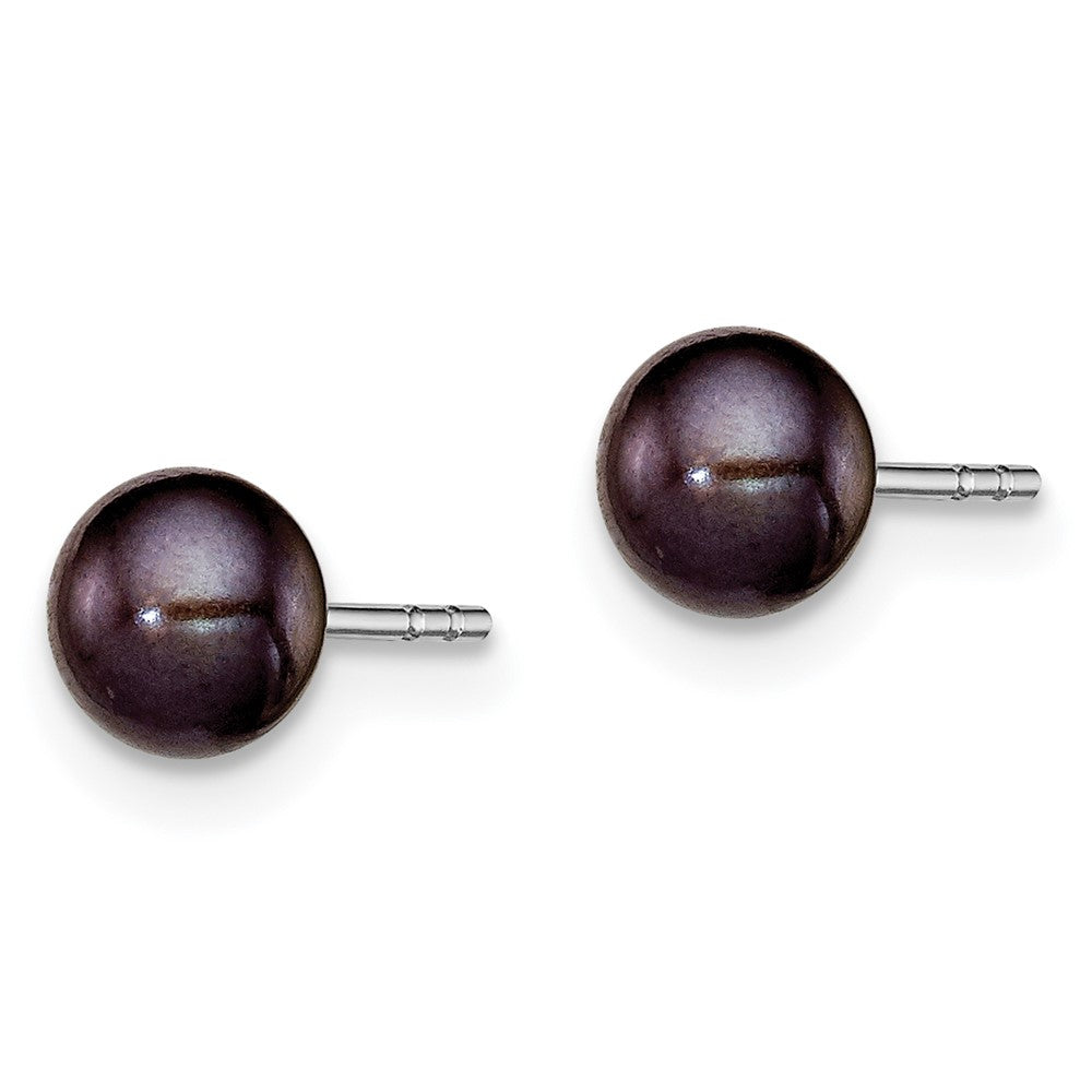 QE12871 Sterling Silver Rhodium-plated 5-6mm Black Button Freshwater Cultured Pearl Post Earrings