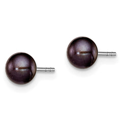QE12871 Sterling Silver Rhodium-plated 5-6mm Black Button Freshwater Cultured Pearl Post Earrings
