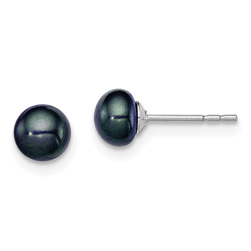 QE12871 Sterling Silver Rhodium-plated 5-6mm Black Button Freshwater Cultured Pearl Post Earrings