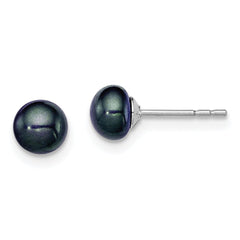 QE12871 Sterling Silver Rhodium-plated 5-6mm Black Button Freshwater Cultured Pearl Post Earrings